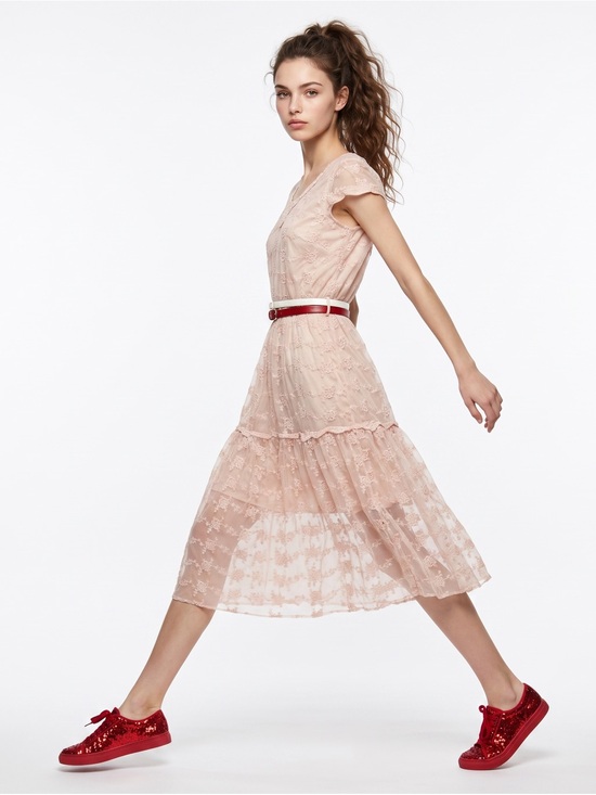 DownEast Dresses & Skirts - DOWNE EAST Pastel Pink Lace midi dress Scoop neck Short sleeve Costal Cowgirl